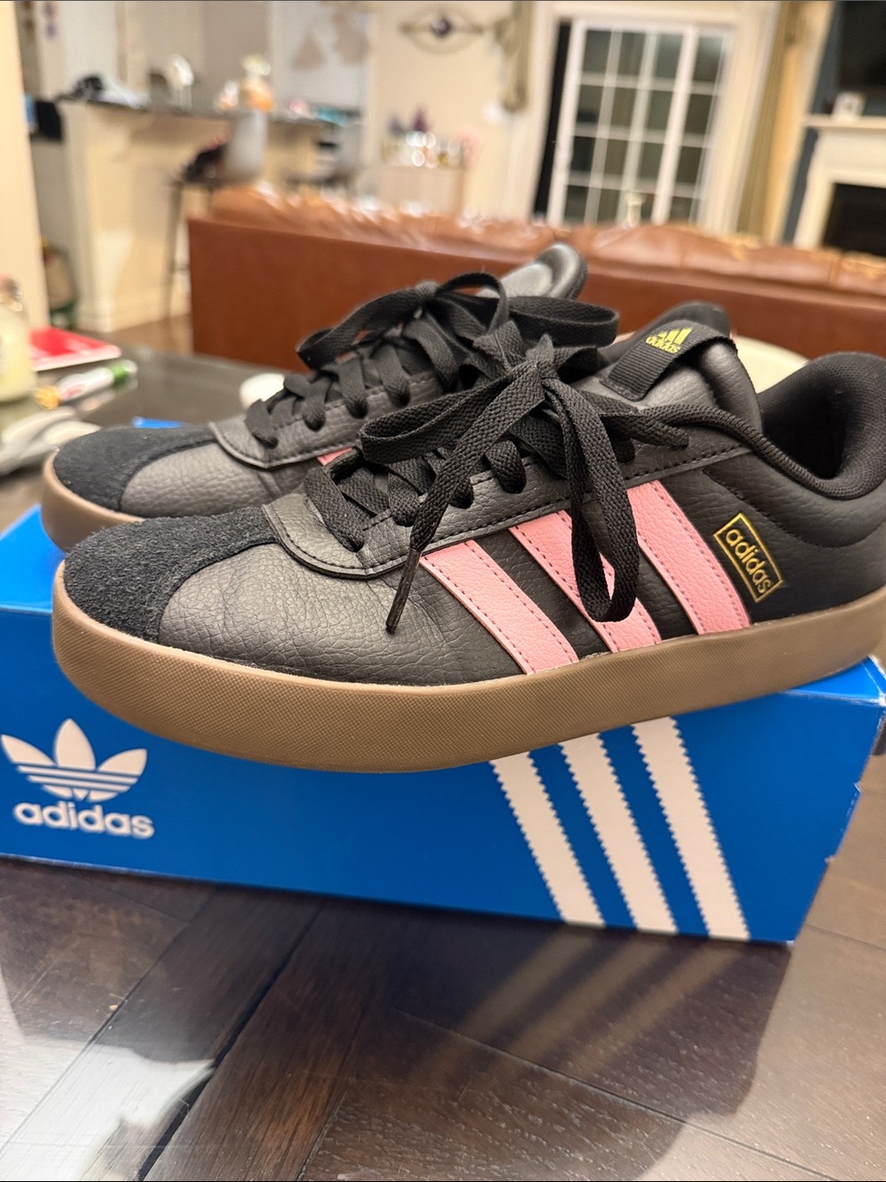 adidas man Black Sneakers with Pink Stripes and Gum Sole